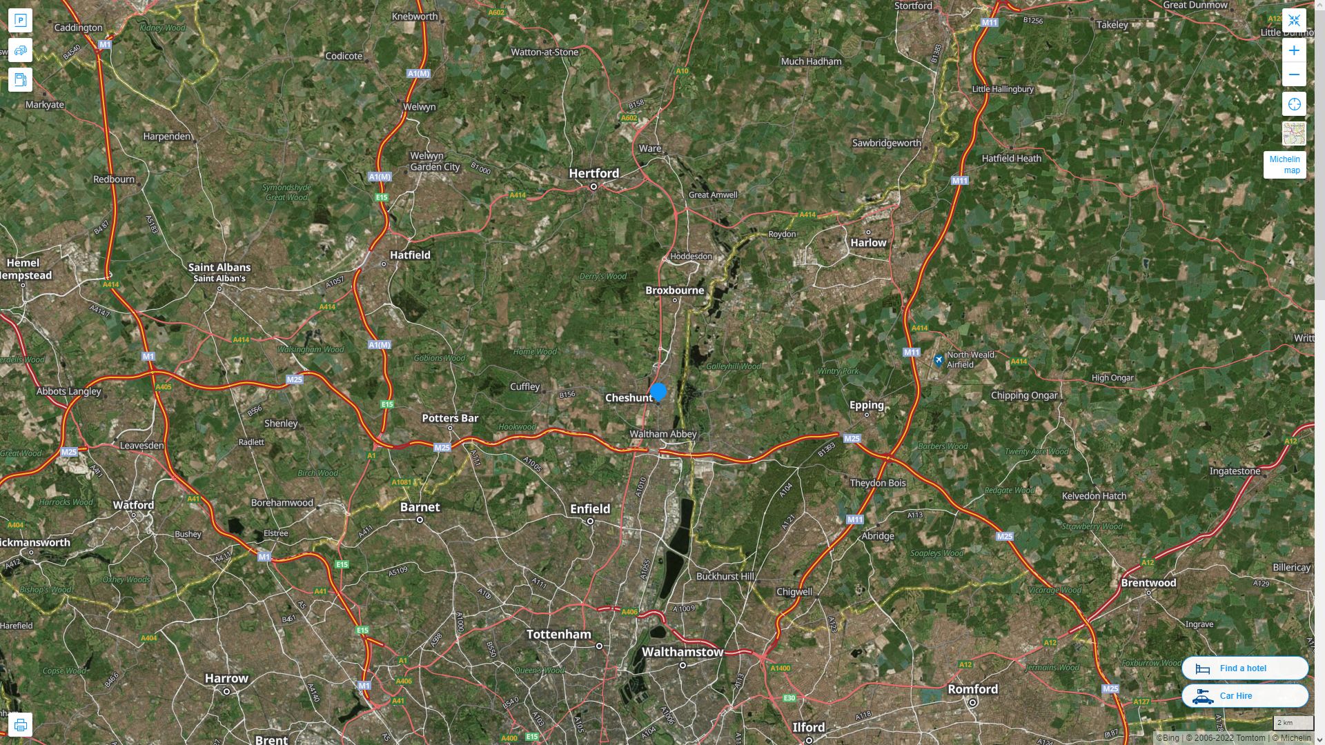 Cheshunt Royaume Uni Autoroute et carte routiere avec vue satellite